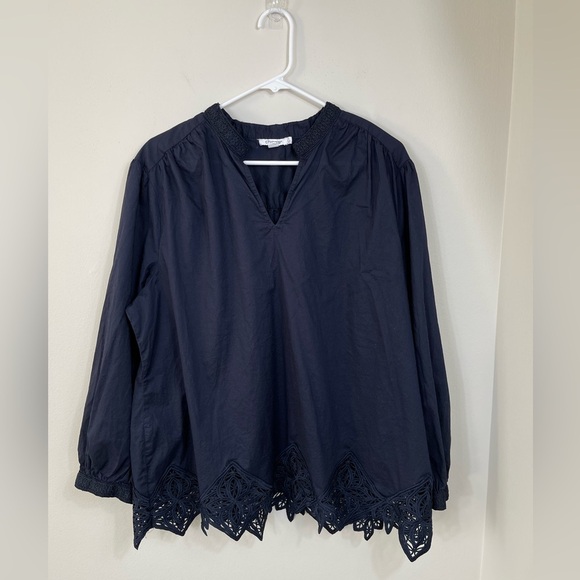 Chico's Tops - Chico's Elegant Blue Navy Women's Lace Trim Top Blouse Cotton Casual Career Sz 4